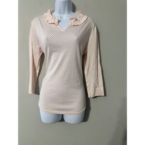 Sara Campbell SIZE Small Pink Polka Dot Ruffled V Neck‎ 3/4 Sleeve Cotton Top